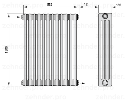 Схема (чертеж) Радиатор Zehnder Charleston 4150/12 №1670 Белый глянцевый RAL 9016